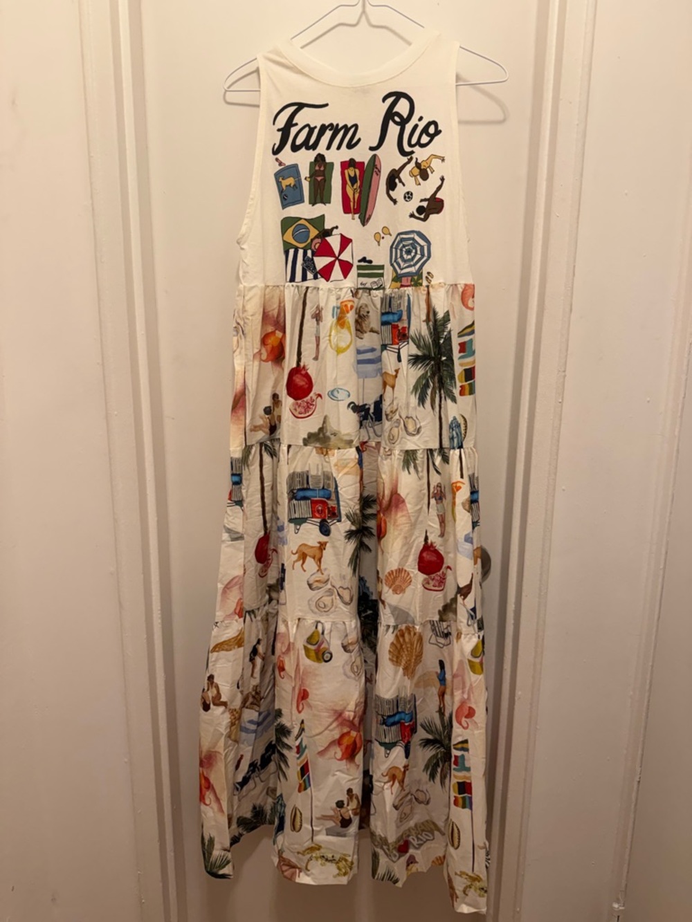 FARM Rio White Multicolor Beach-Print Tiered Maxi Dress